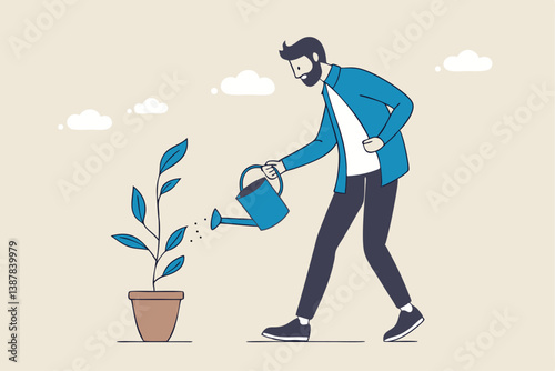 Career growth development, human resources motivate talent for job promotion, growing employee, improvement or manager support concept, businessman manager pouring water to growing employee seedling.