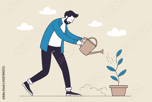 Career growth development, human resources motivate talent for job promotion, growing employee, improvement or manager support concept, businessman manager pouring water to growing employee seedling.