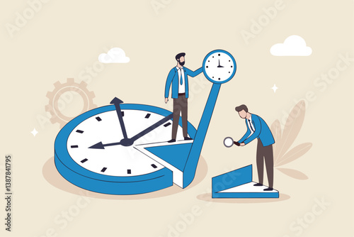 Time or attendance tracking system, analyze work efficiency in project management, productivity, workflow or effort, time spending to finish task concept, businessman cut clock in piece to analyze.