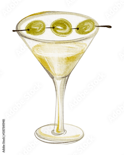 Bild auf Leinwand Watercolor illustration of a martini cocktail in a glass with liqueur, garnished with a green olive and toothpick