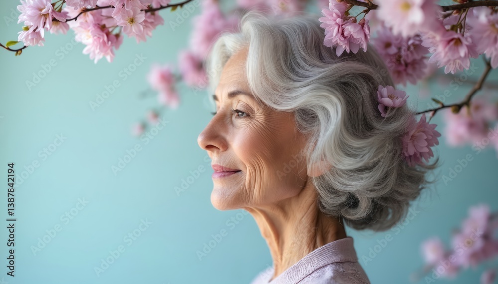Naklejka premium Portrait of senior woman with silver hair framed by blooming cherry blossoms. Graceful aging, serene expression, embodying wellness. Gentle light, soft colors, peaceful atmosphere natural beauty,