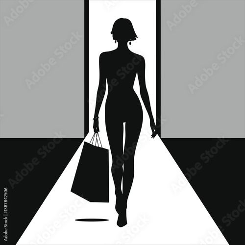 Fashion Model Walking Runway with Shopping Bag Silhouette/A striking silhouette of a female model walking a fashion runway, carrying a shopping bag.