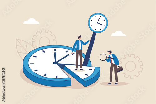 Time or attendance tracking system, analyze work efficiency in project management, productivity, workflow or effort, time spending to finish task concept, businessman cut clock in piece to analyze.