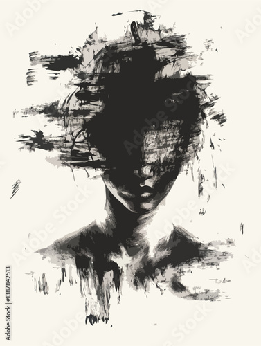  faceless woman head and shoulders. Background is distorted mess in charcoal on thick paper.