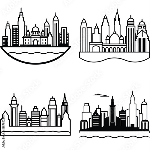 Minimal Mumbai Skyline Silhouette Logo Bundle Clean White Background Icons