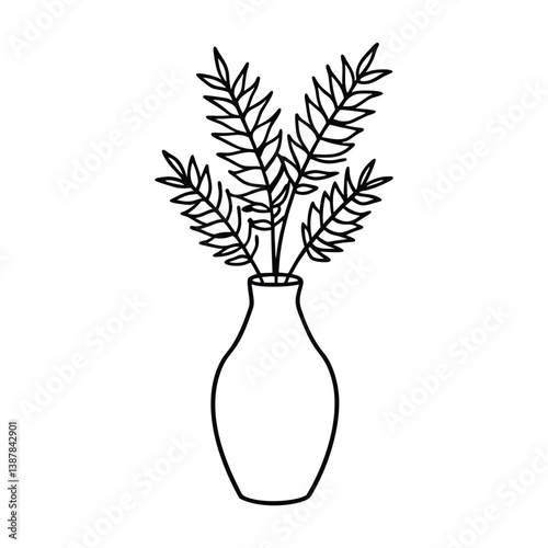 A minimalistic line drawing of a ceramic vase with fern leaves