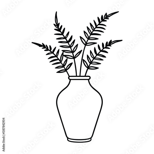 A minimalistic line drawing of a ceramic vase with fern leaves