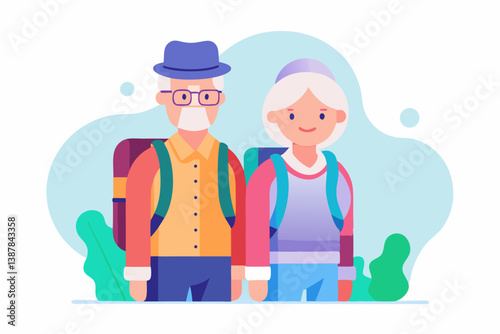 Elderly couple traveling with backpacks. Cartoon vector illustration