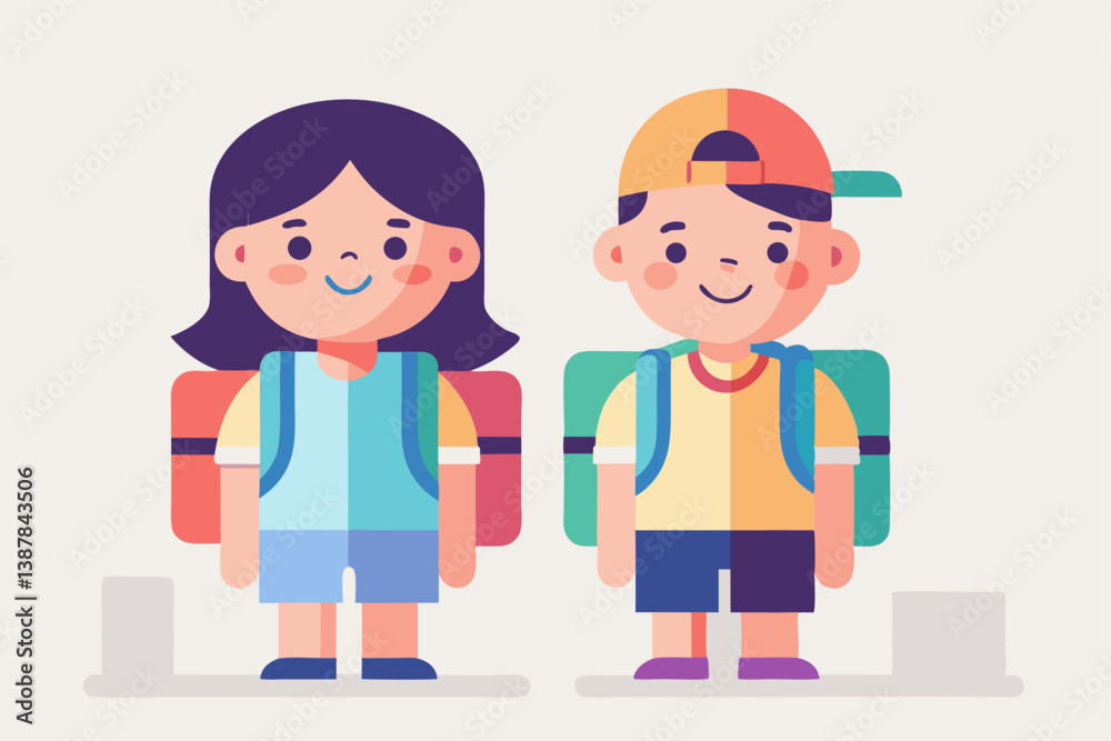 Kids traveling with backpacks. Flat style. Vector illustration Kids traveling with backpacks. Flat style. Vector illustration