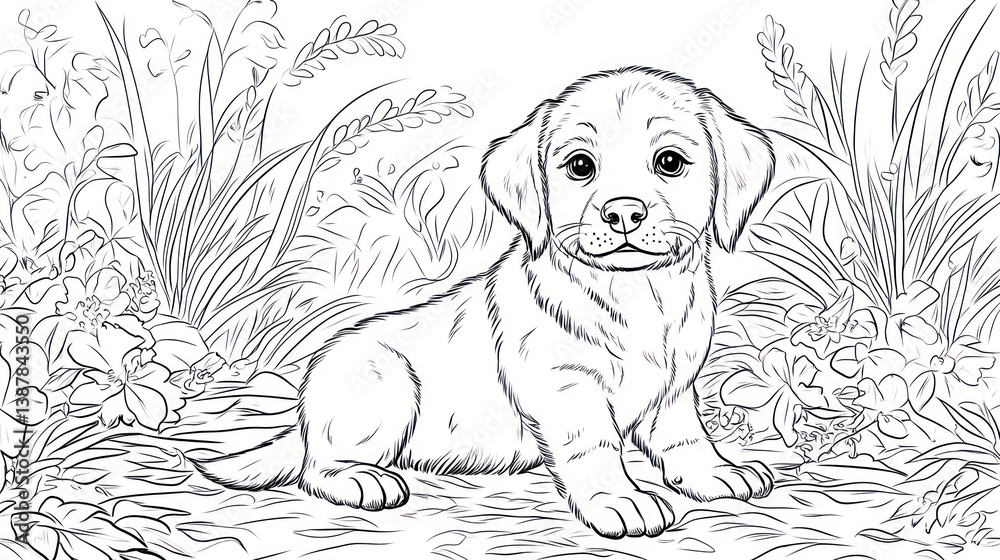Fototapeta premium Cute puppy drawing in nature, coloring page