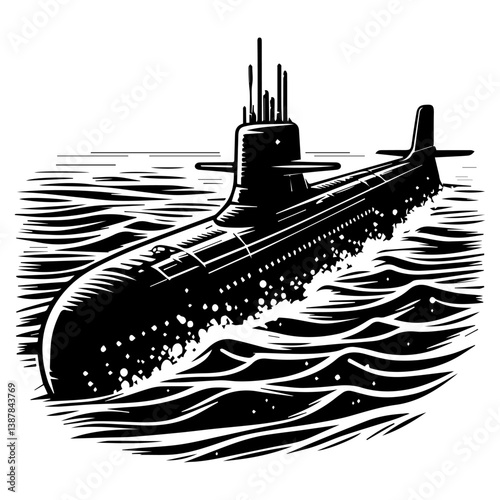 The submarine is a black and white illustration on a white isolated background. Vector graphics. EPS.