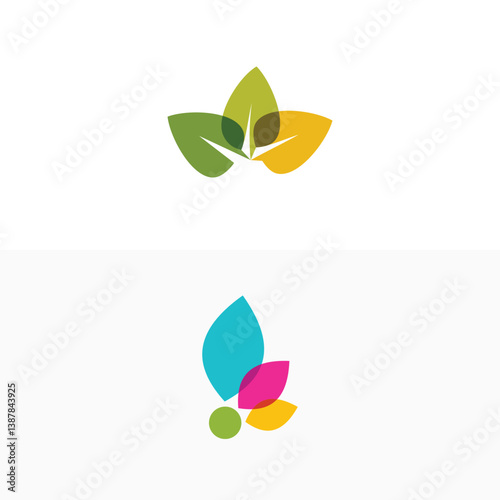 Set of abstract leaf-themed logos with colorful, geometric design elements in a minimalist style, illustrating eco-friendliness, creativity, and sustainability.