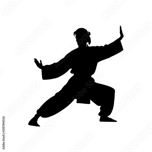 Kung Fu Master Silhouette in Horse Stance with Extended Arms on White Background

