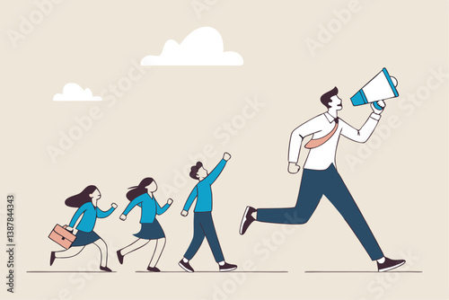 Leadership for team direction, success strategy, lead team to achieve goal, inspiration or motivate employee, manager or company mission concept, businessman leader megaphone pointing team direction.