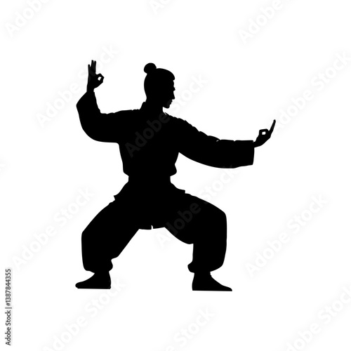 Kung Fu Master Silhouette in Horse Stance with Extended Arms on White Background

