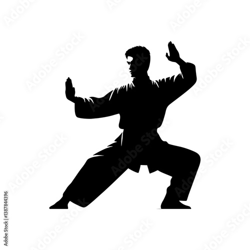 Kung Fu Master Silhouette in Horse Stance with Extended Arms on White Background

