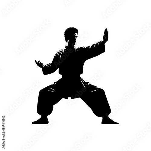 Kung Fu Master Silhouette in Horse Stance with Extended Arms on White Background

