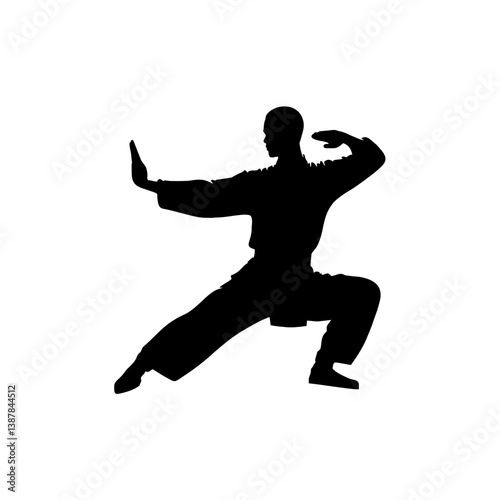 Kung Fu Master Silhouette in Horse Stance with Extended Arms on White Background

