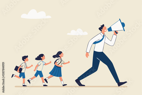Leadership for team direction, success strategy, lead team to achieve goal, inspiration or motivate employee, manager or company mission concept, businessman leader megaphone pointing team direction.