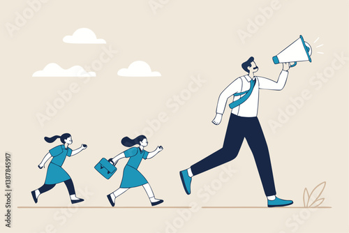 Leadership for team direction, success strategy, lead team to achieve goal, inspiration or motivate employee, manager or company mission concept, businessman leader megaphone pointing team direction.