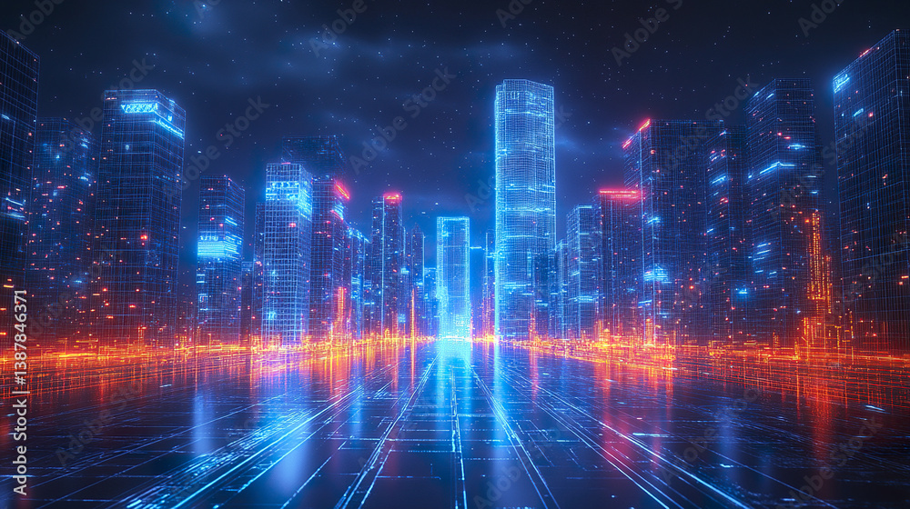 Obraz premium Futuristic cityscape with glowing skyscrapers in digital wireframe style