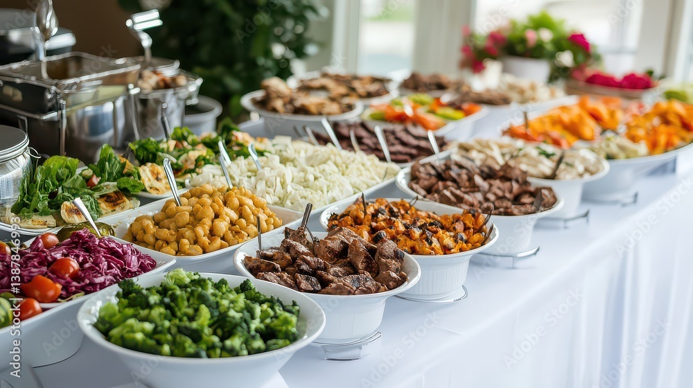 Obraz premium A buffet-style lunch with fresh salads, grilled meats, and side dishes on a white table.