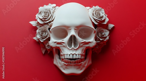 A white human skull decorated with white roses on a red background.