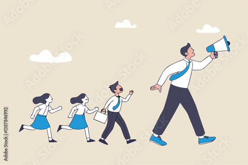 Leadership for team direction, success strategy, lead team to achieve goal, inspiration or motivate employee, manager or company mission concept, businessman leader megaphone pointing team direction.