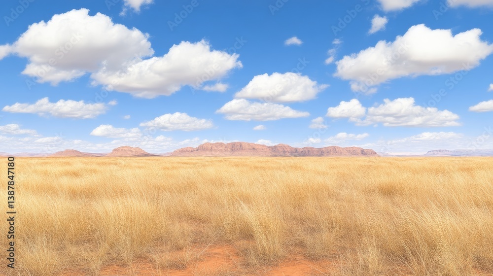 Vast golden grassland under a vibrant blue sky. Fluffy white clouds drift across the vastness. Gentle hills and mountains line the horizon Vast golden grassland under a vibrant blue sky. Fluffy white clouds drift across the vastness. Gentle hills and mountains line the horizon