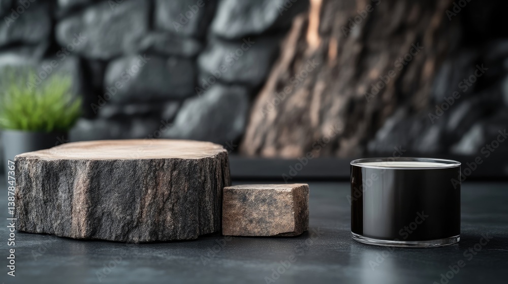 Rustic wooden stump display with dark glass cylinder. Presentation podium for home decor items Rustic wooden stump display with dark glass cylinder. Presentation podium for home decor items