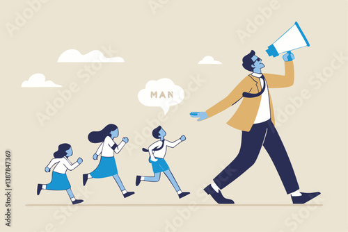 Leadership for team direction, success strategy, lead team to achieve goal, inspiration or motivate employee, manager or company mission concept, businessman leader megaphone pointing team direction.