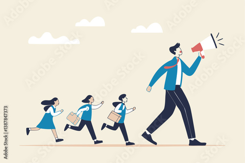 Leadership for team direction, success strategy, lead team to achieve goal, inspiration or motivate employee, manager or company mission concept, businessman leader megaphone pointing team direction.