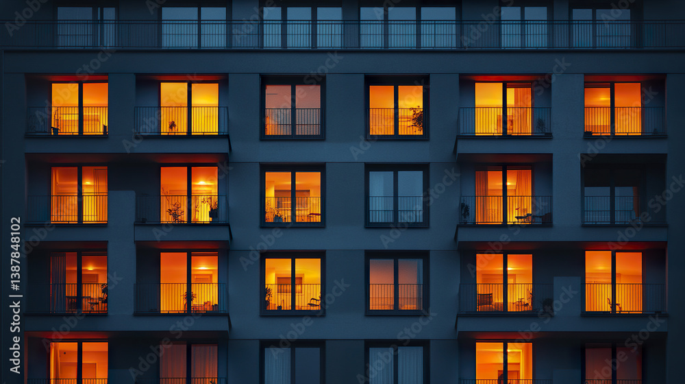 Modern apartment facade at night with glowing windows