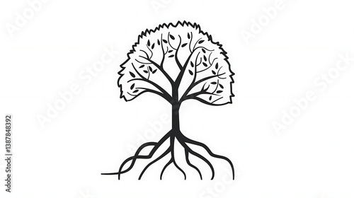 A simple black and white illustration of a tree with roots.