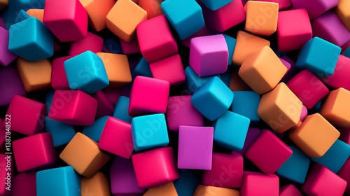Colorful 3D render of stacked cubes in blue, orange, pink, and purple.