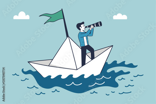 Exploration searching for new career opportunity, binocular vision to see future, look for journey, direction or guidance to success, businessman look through binocular to see sailing ship direction.