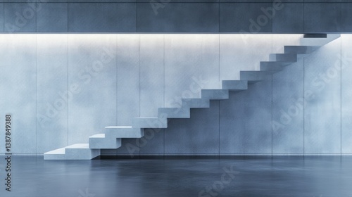 Modern concrete staircase in minimalist interior.  A simple, clean design features a concrete staircase ascending against a wall of textured concrete.  Ambient lighting highlights the stairway