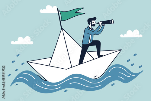 Exploration searching for new career opportunity, binocular vision to see future, look for journey, direction or guidance to success, businessman look through binocular to see sailing ship direction.