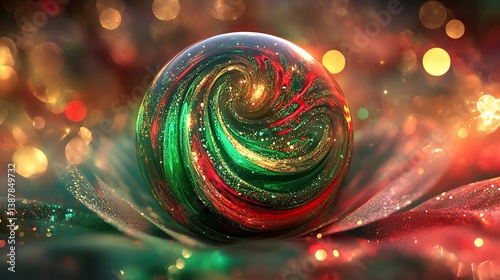A radiant holiday sphere with glowing emerald green and vibrant crimson swirls encased in frosty translucent textures