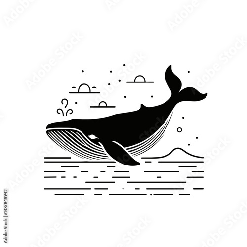 A whale, displaying majesty and mystery, breaks through the ocean in a stylish monochrome illustration with copy space and a transparent background. Earth Day and nature conservation concept