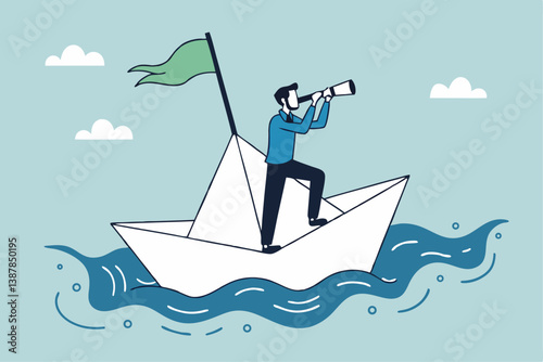 Exploration searching for new career opportunity, binocular vision to see future, look for journey, direction or guidance to success, businessman look through binocular to see sailing ship direction.