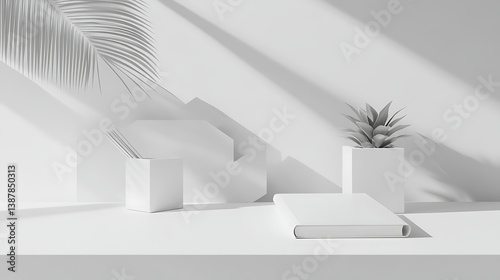 White desk by a white empty wall Geometric