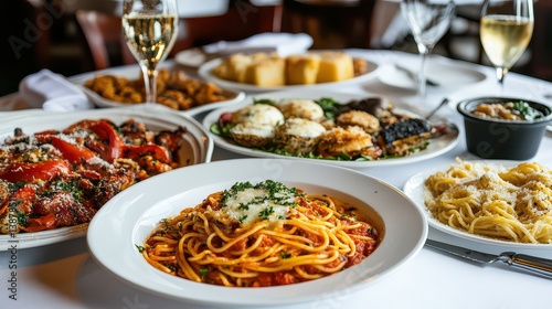 A white table filled with colorful dishes, including pasta, salads, and desserts, arranged for a feast.