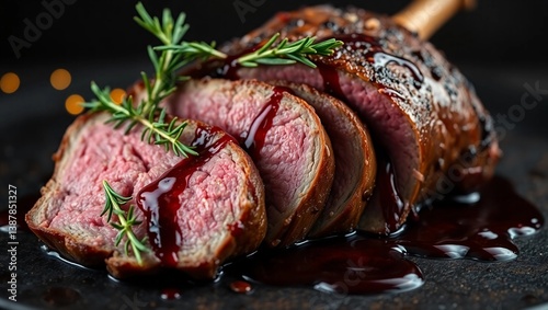 lamb shoulder juicy meat meat close-up roast lamb rustic food red wine gravy holiday meal tender meat sliced lamb
