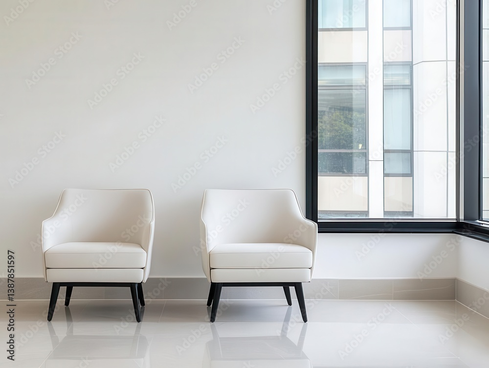 A minimalist reading area featuring elegant furniture, a floating shelf, and large windows, creating a clean and peaceful environment