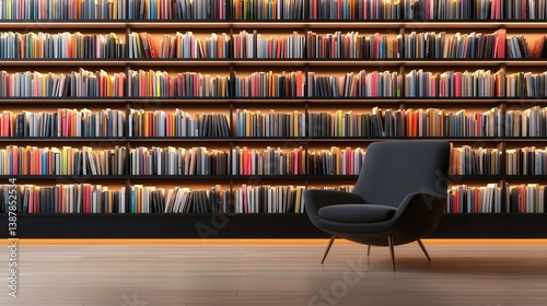 Minimalist reading nook with a single armchair, a modern bookshelf, and soft lighting, creating an elegant, peaceful space