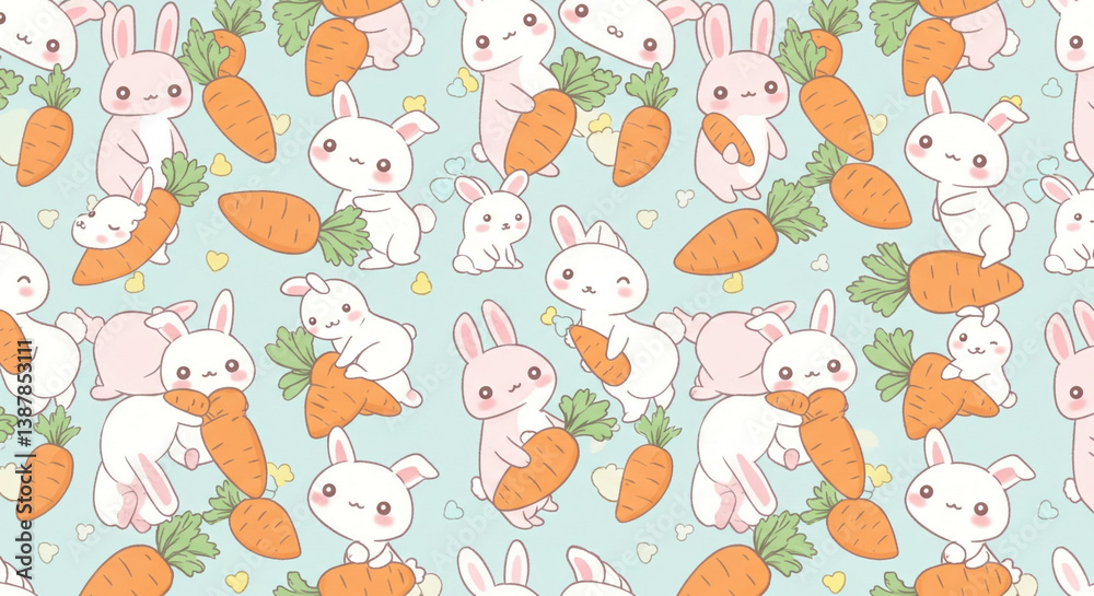 Kawaii-style repeating pattern with bunnies and carrots Kawaii-style repeating pattern with bunnies and carrots