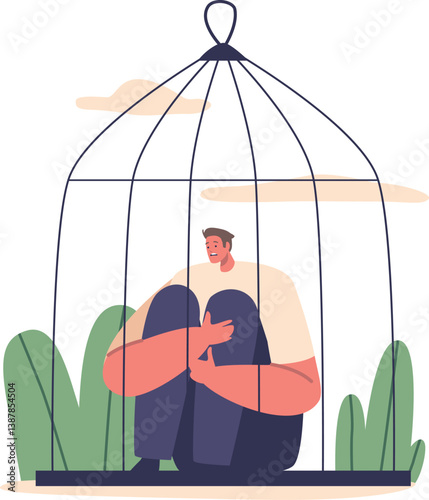 Scared captive man in cage