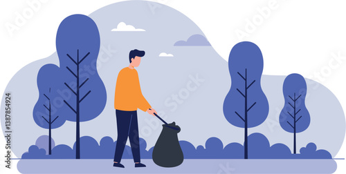 Man picking up trash in park with trees in flat vector style. World Environment Day