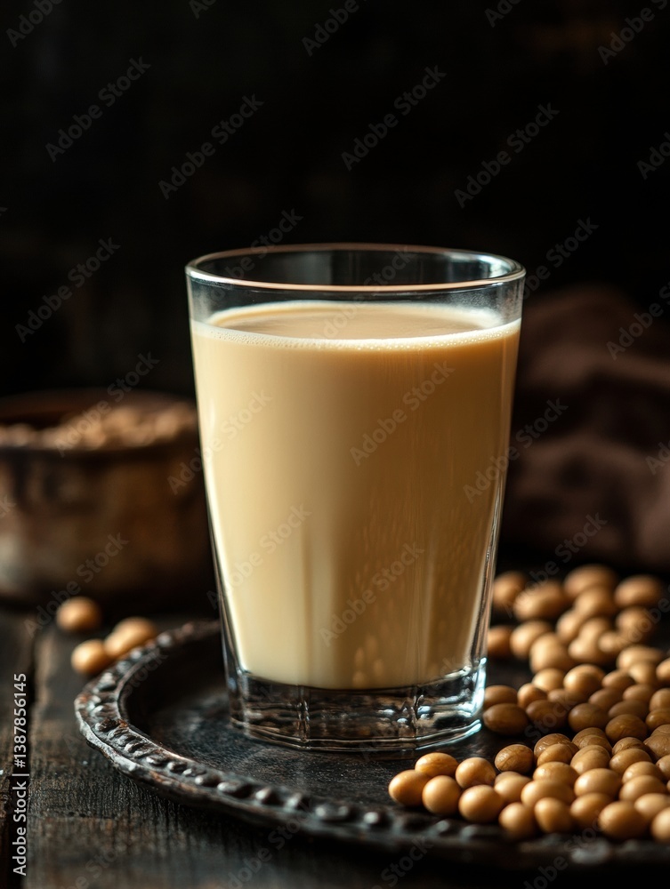 Soy milk and soy bean on wooden table at kitchen. Soy milk and soy bean on wooden table at kitchen.